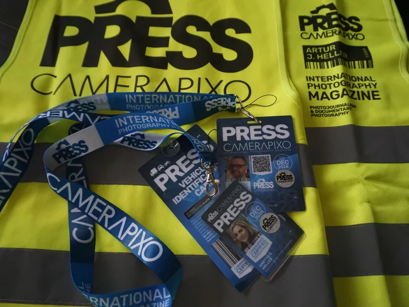 press card with press yellow vest media and press credentials