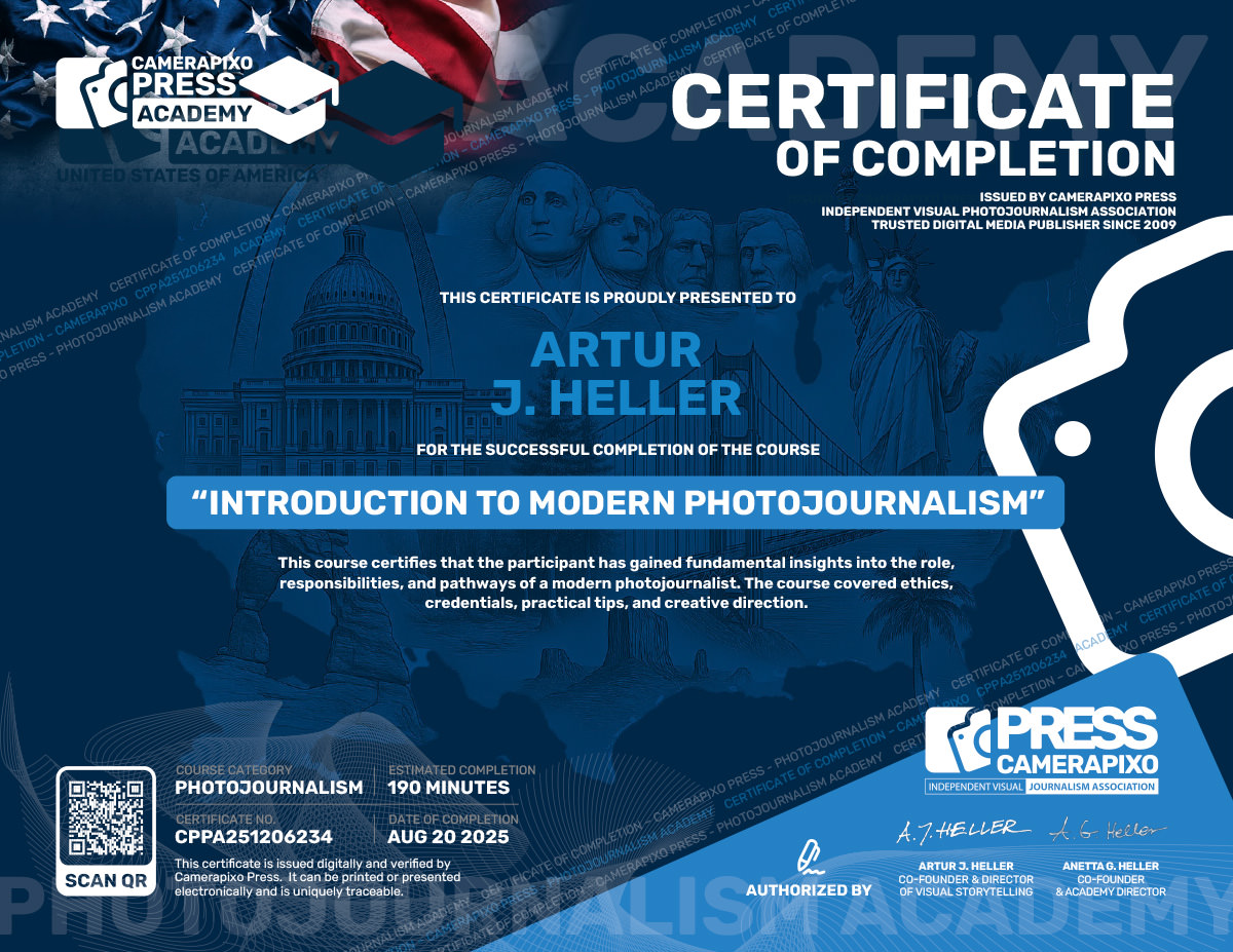 Camerapixo Press Photojournalism Academy Certificate of Completion - Get Your Certificate of Completion - Each course comes with its own unique certificate upon completion.