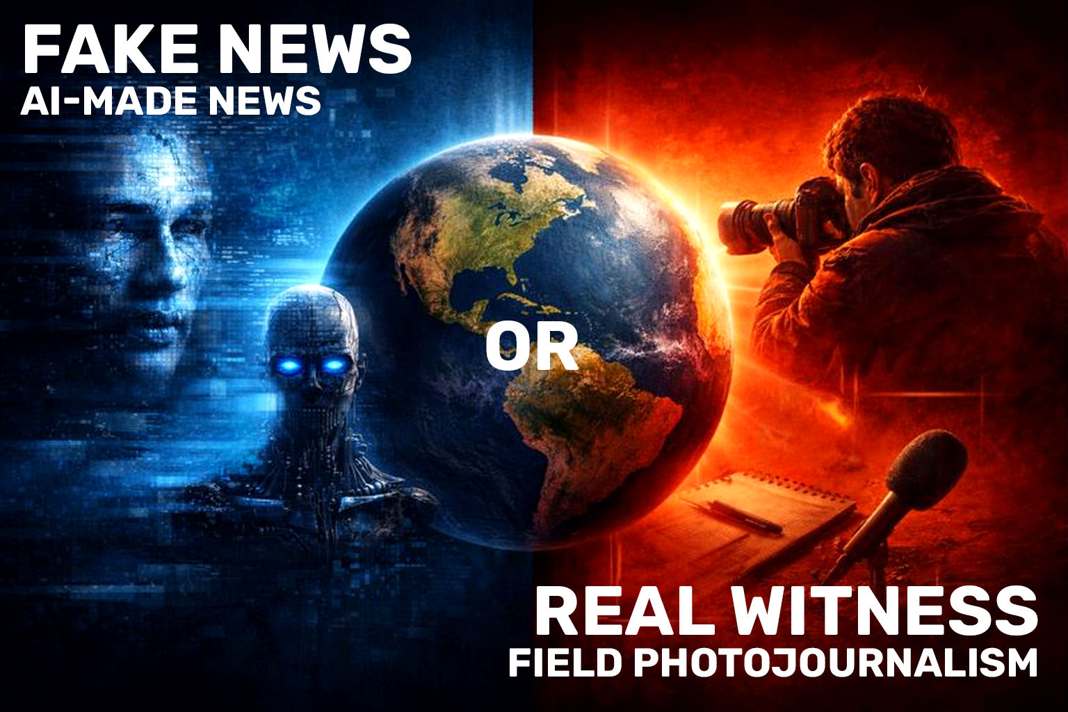 Editorial graphic showing fake news vs real photojournalism with Earth in the center.